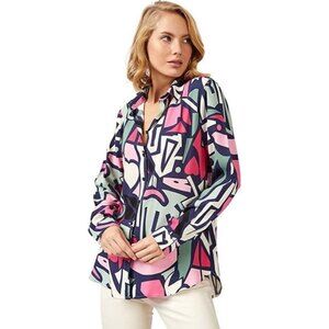 Big Dart Abstract Print Colorful Button Up Color Block Top size EUR 44